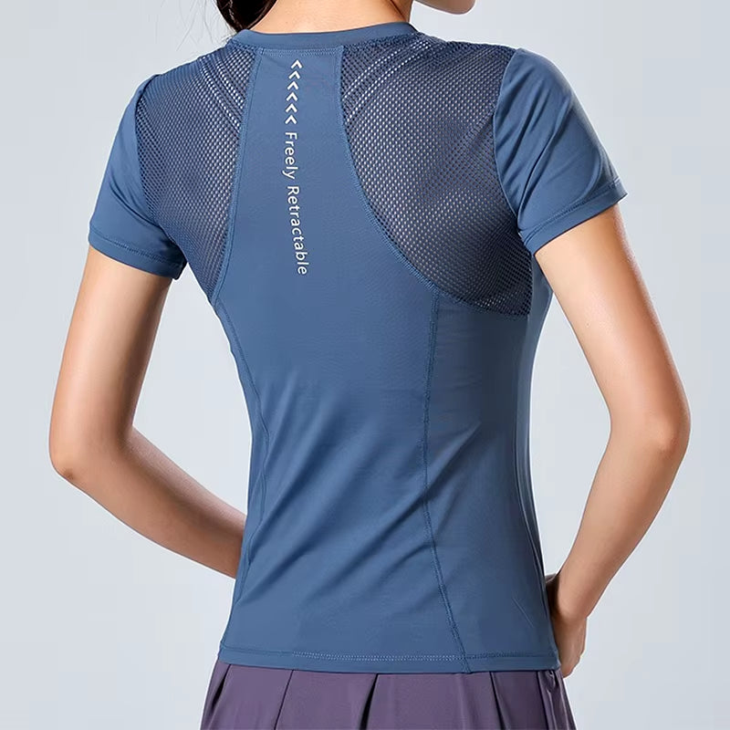 Aiithuug Mesh Patchwork round Neck Yoga Top with Reflective Stripes Women'S High Elasticity Breathable Workout Pilates Gym Shirt