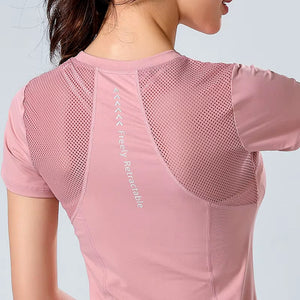 Aiithuug Mesh Patchwork round Neck Yoga Top with Reflective Stripes Women'S High Elasticity Breathable Workout Pilates Gym Shirt