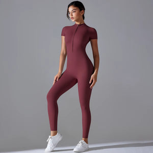 Yoga Set Women'S Jumpsuits One-Piece Suit Zipper Short Sleeve Gym Push up Workout Clothes Fitness Bodysuit Sportswear Tracksuit