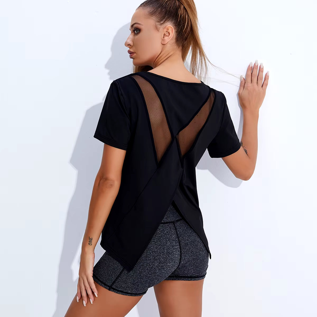 Women'S Yoga Shirt Backless Short Sleeve Gym Fitness Sportswear Sexy Beauty Back Tops Breathable Loose Running Workout T-Shirt