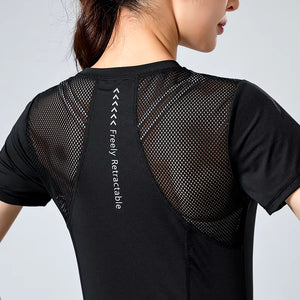 Aiithuug Mesh Patchwork round Neck Yoga Top with Reflective Stripes Women'S High Elasticity Breathable Workout Pilates Gym Shirt