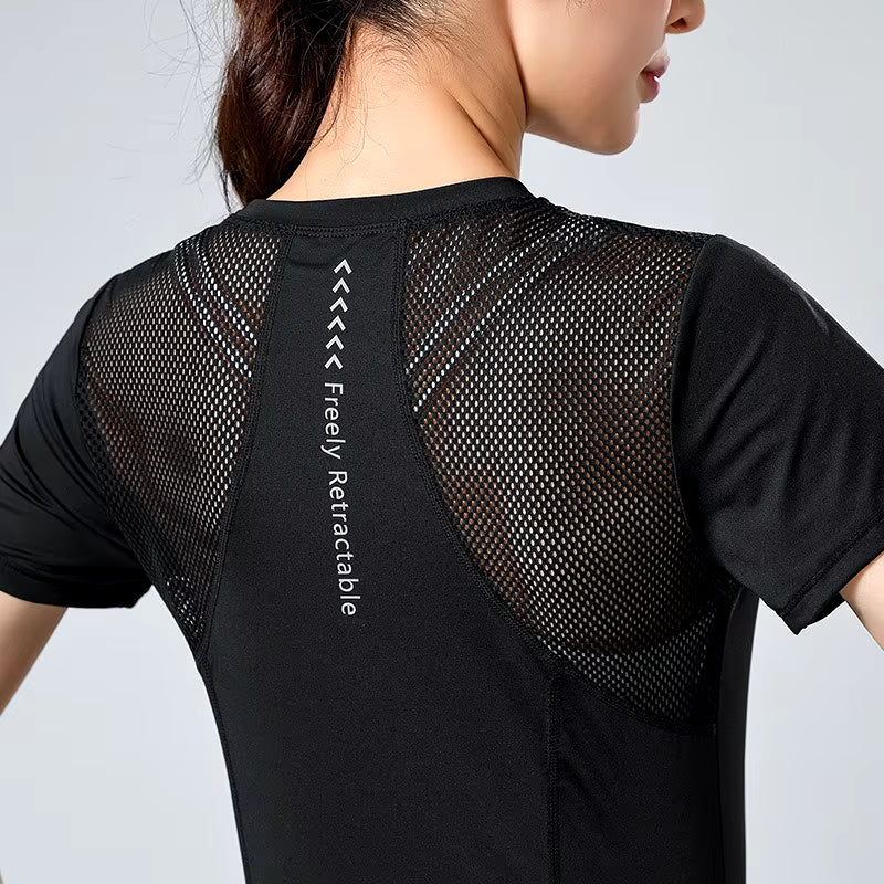 Aiithuug Mesh Patchwork round Neck Yoga Top with Reflective Stripes Women'S High Elasticity Breathable Workout Pilates Gym Shirt