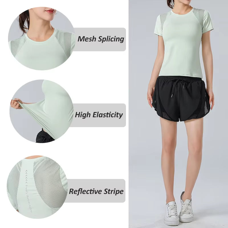 Aiithuug Mesh Patchwork round Neck Yoga Top with Reflective Stripes Women'S High Elasticity Breathable Workout Pilates Gym Shirt