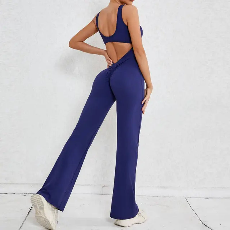 Sexy Hollow Backless Scrunch Gym Flare Jumpsuit Sport Casual Women One Piece Outfits Yoga Dance Jump Suit Black Fitness Overalls